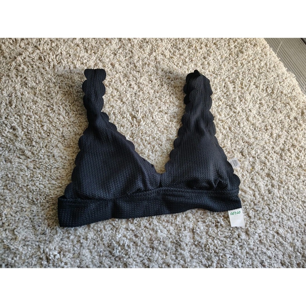 aerie Waffle Scalloped Bikini Top NWT Women's S small Black
